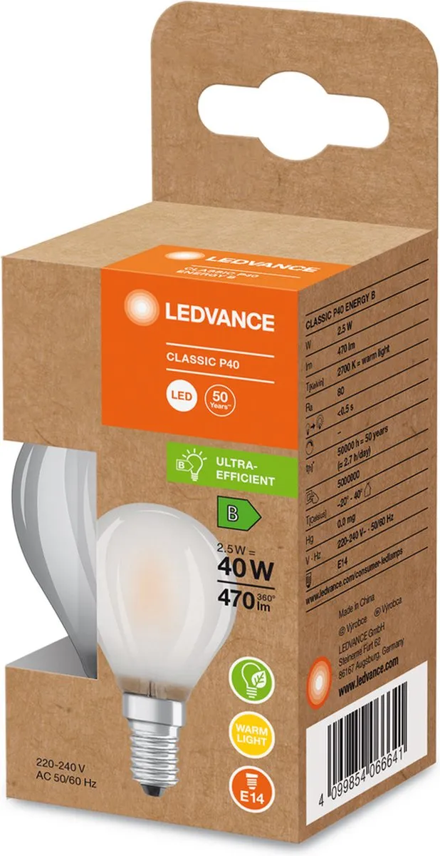LEDVANCE Classic Superior E14 Peer Filament 2.5W 470lm - Mat - Zeer Warm Wit