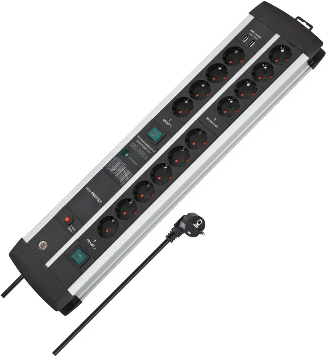 Brennenstuhl Premium-Protect-Line 14-voudige stekkerdoos - 3680W - 2x USB 5V/3,1A - 3m kabel - Zwart/Zilver