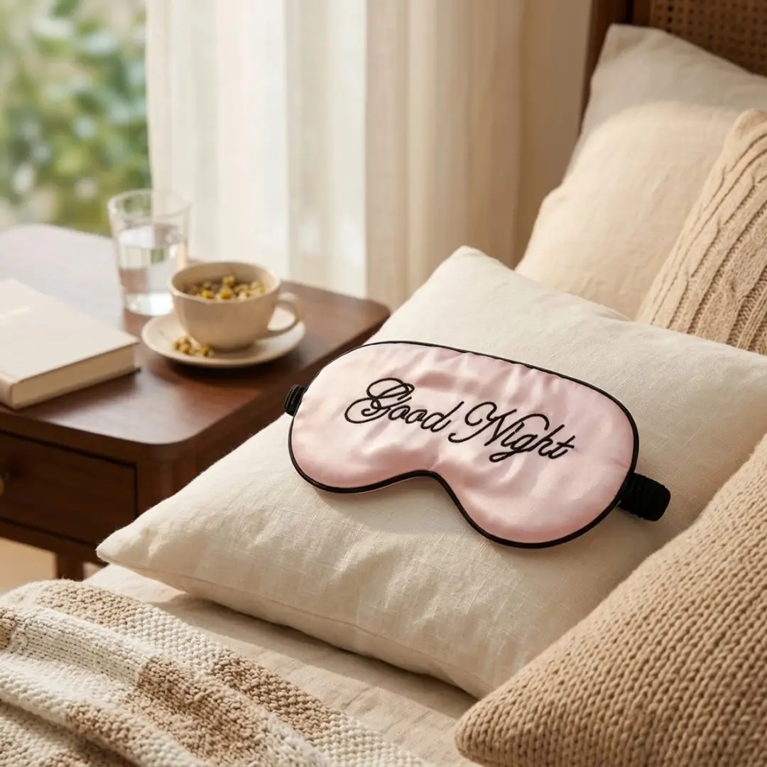 NUVEX Roze Slaapmasker - Satijn - "Good Night" Borduurwerk
