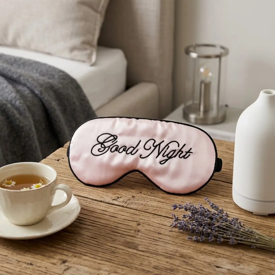 NUVEX Roze Slaapmasker - Satijn - "Good Night" Borduurwerk
