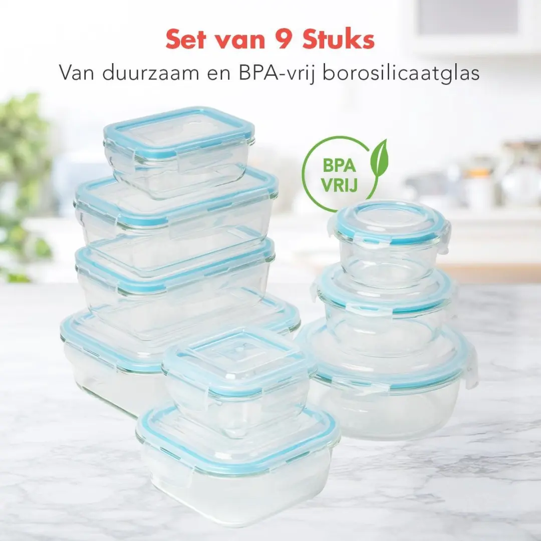 KitchenBrothers Meal Prep Glas Bakjes Set 9 Stuks - 1,52L
