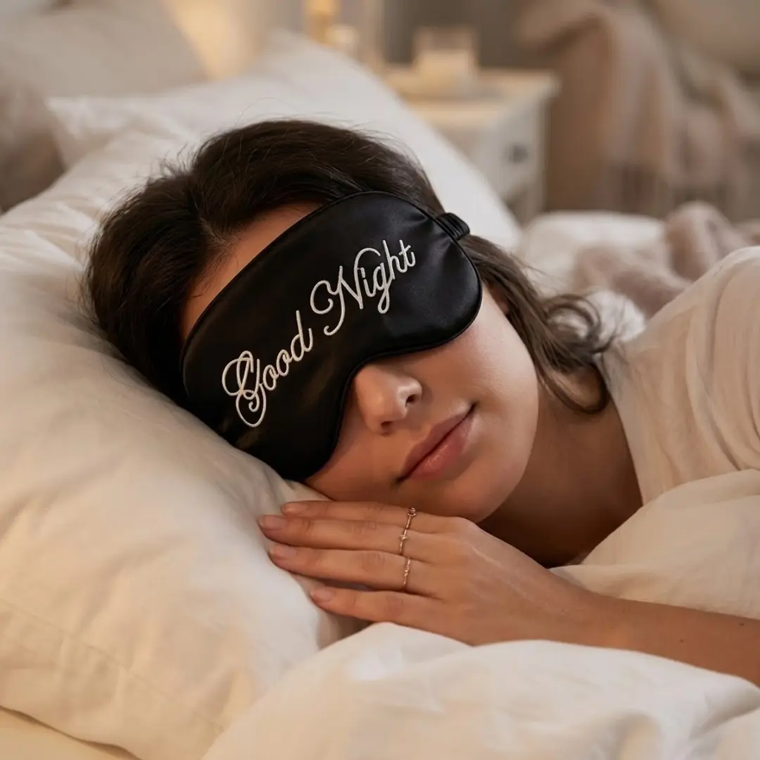 NUVEX Zwart Slaapmasker - Satijn - 'Good Night' Borduurwerk