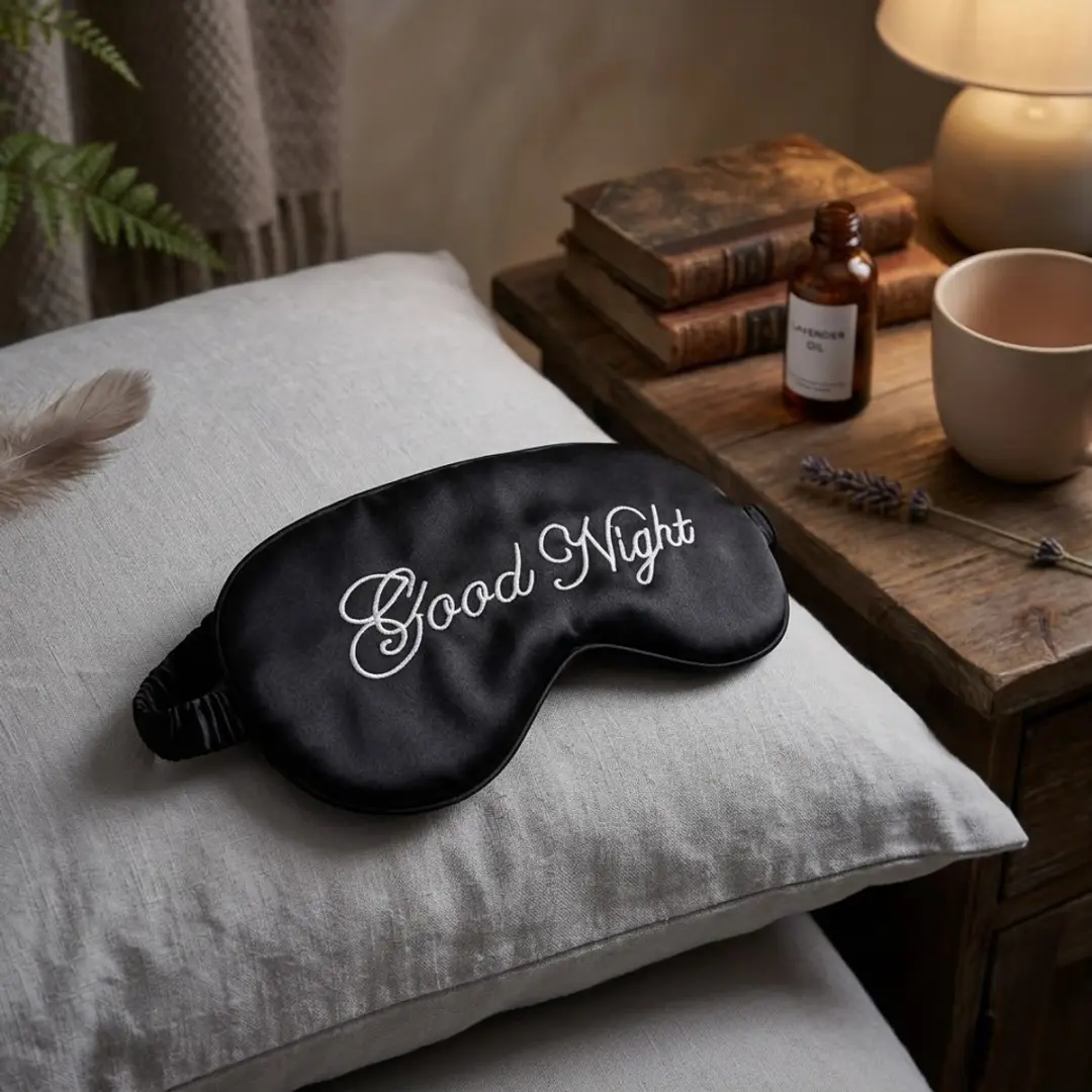 NUVEX Zwart Slaapmasker - Satijn - 'Good Night' Borduurwerk