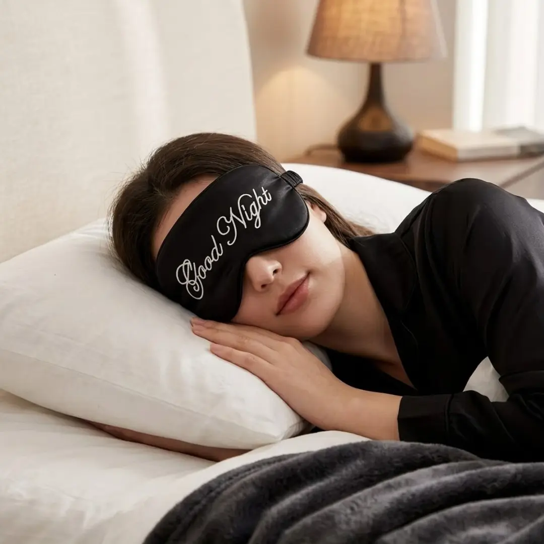 NUVEX Zwart Slaapmasker - Satijn - 'Good Night' Borduurwerk