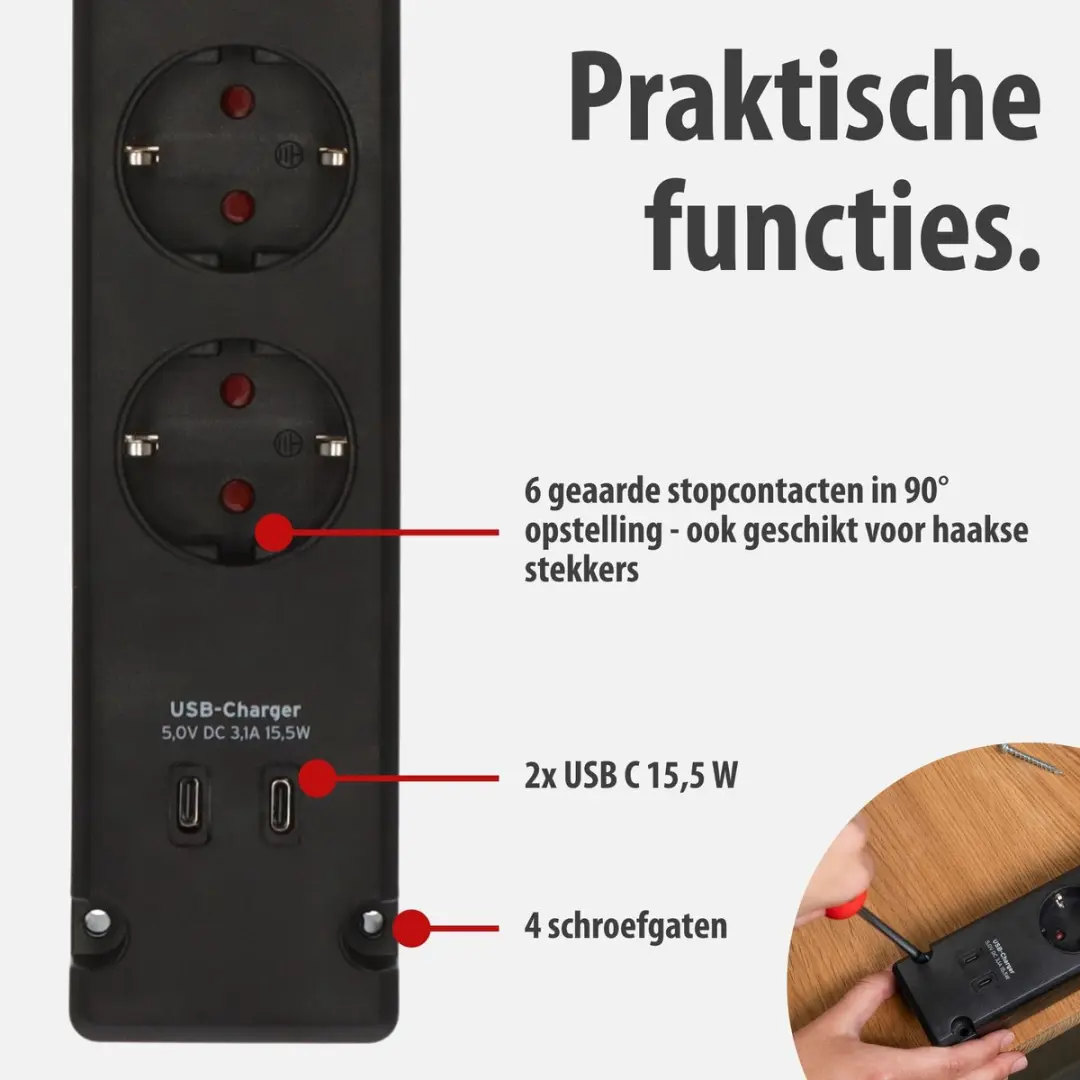 Brennenstuhl Stekkerdoos 5-voudig USB-C 3500W - 2x USB-C - 3m Kabel - Zwart