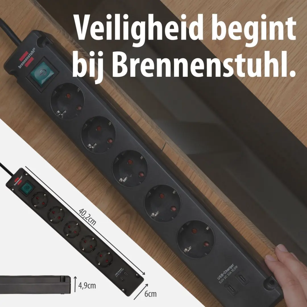 Brennenstuhl Stekkerdoos 5-voudig USB-C 3500W - 2x USB-C - 3m Kabel - Zwart