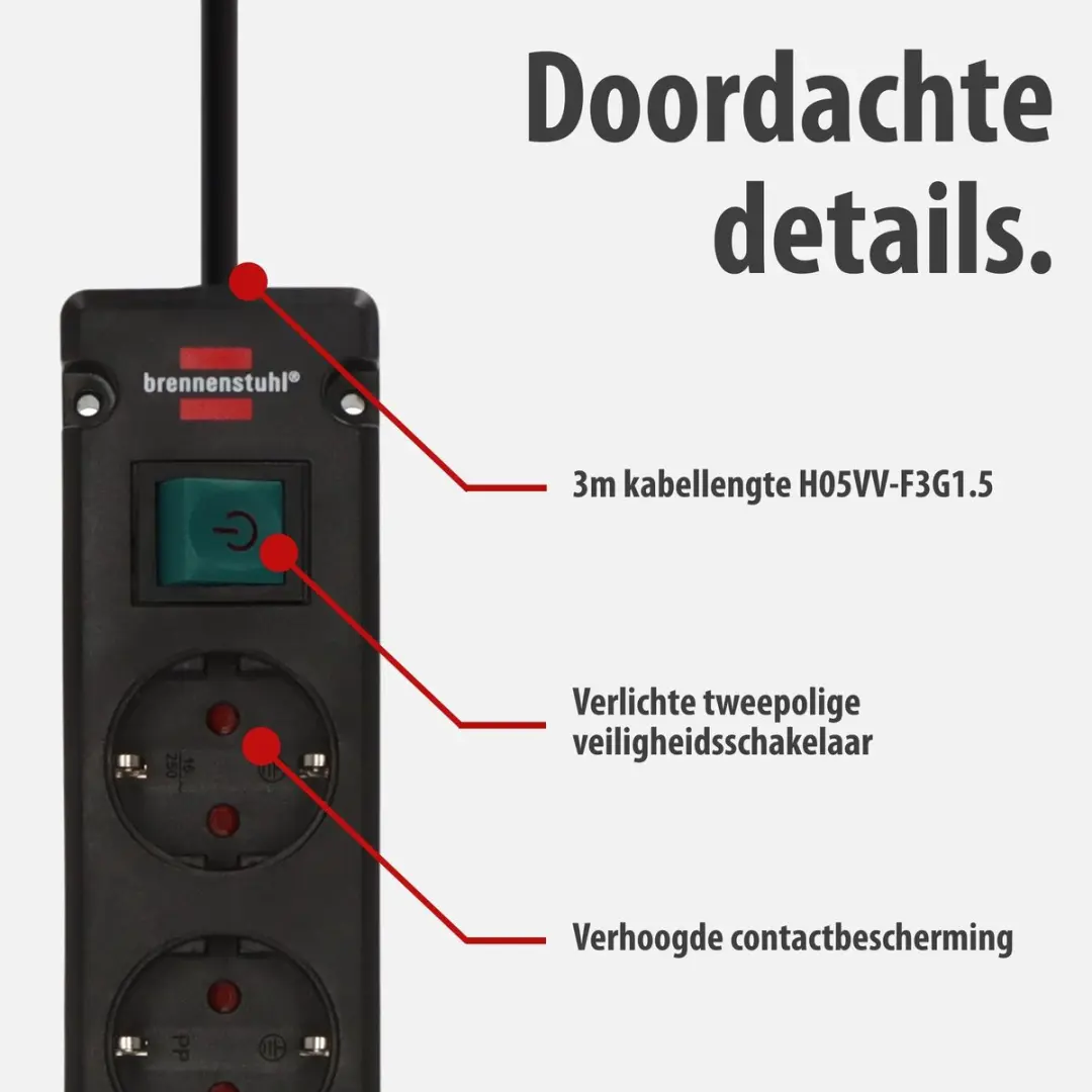 Brennenstuhl Stekkerdoos 5-voudig USB-C 3500W - 2x USB-C - 3m Kabel - Zwart