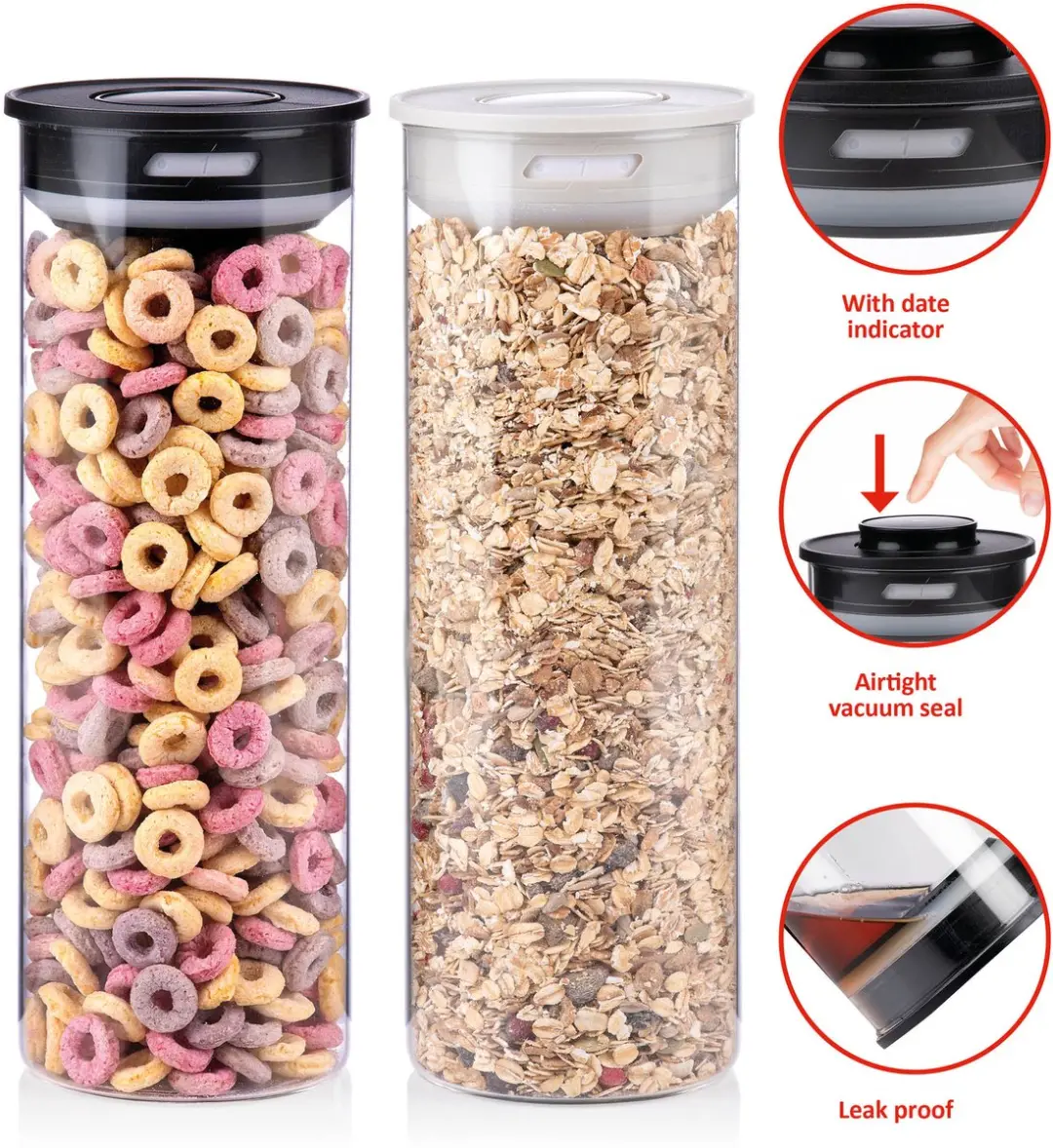 Alpina Voorraadpot met Vacuumdeksel 1700ml - 10cm - Zwart/Wit