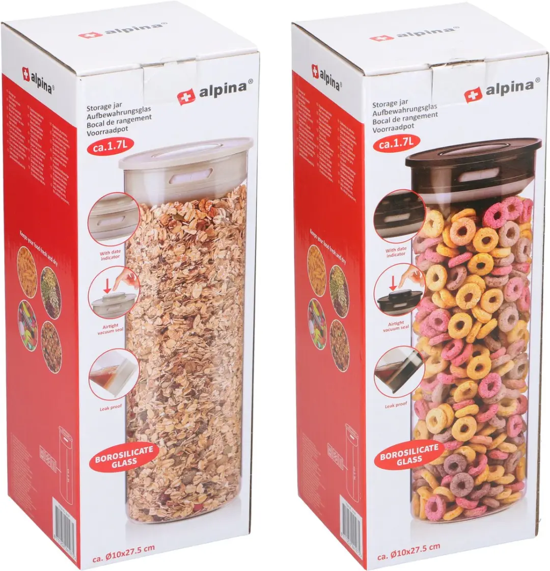 Alpina Voorraadpot met Vacuumdeksel 1700ml - 10cm - Zwart/Wit