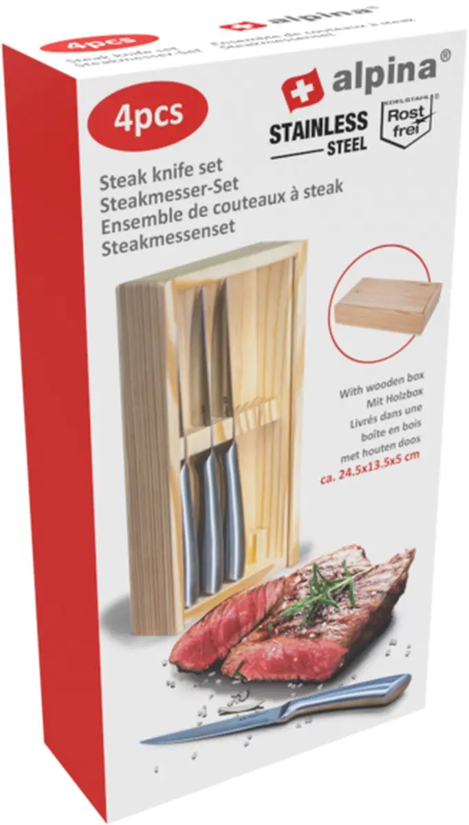 Alpina Steakmessen 22,5cm - 4-delig - Houten doos