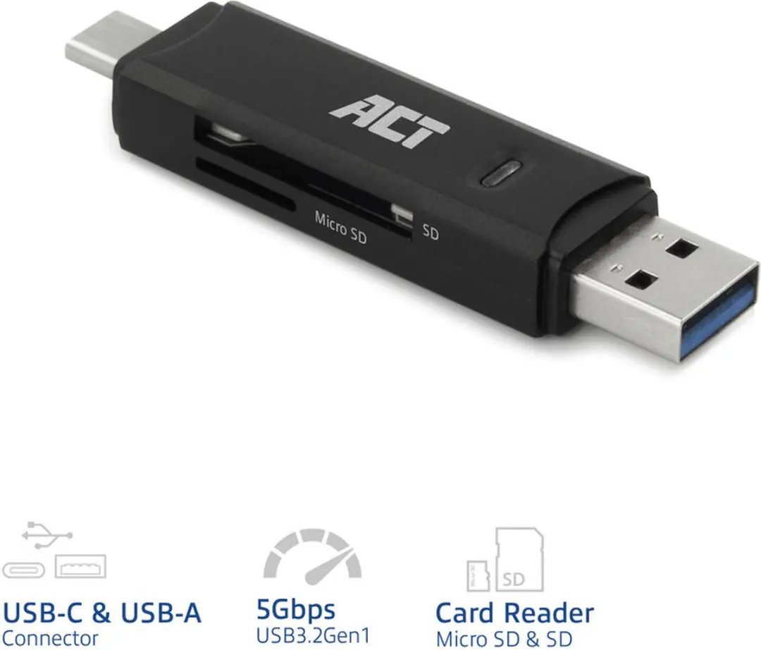 ACT AC6375 USB Cardreader - 2 Kaartsleuven - USB-C/USB-A - USB 3.0 - Zwart - afbeelding 6 van 6