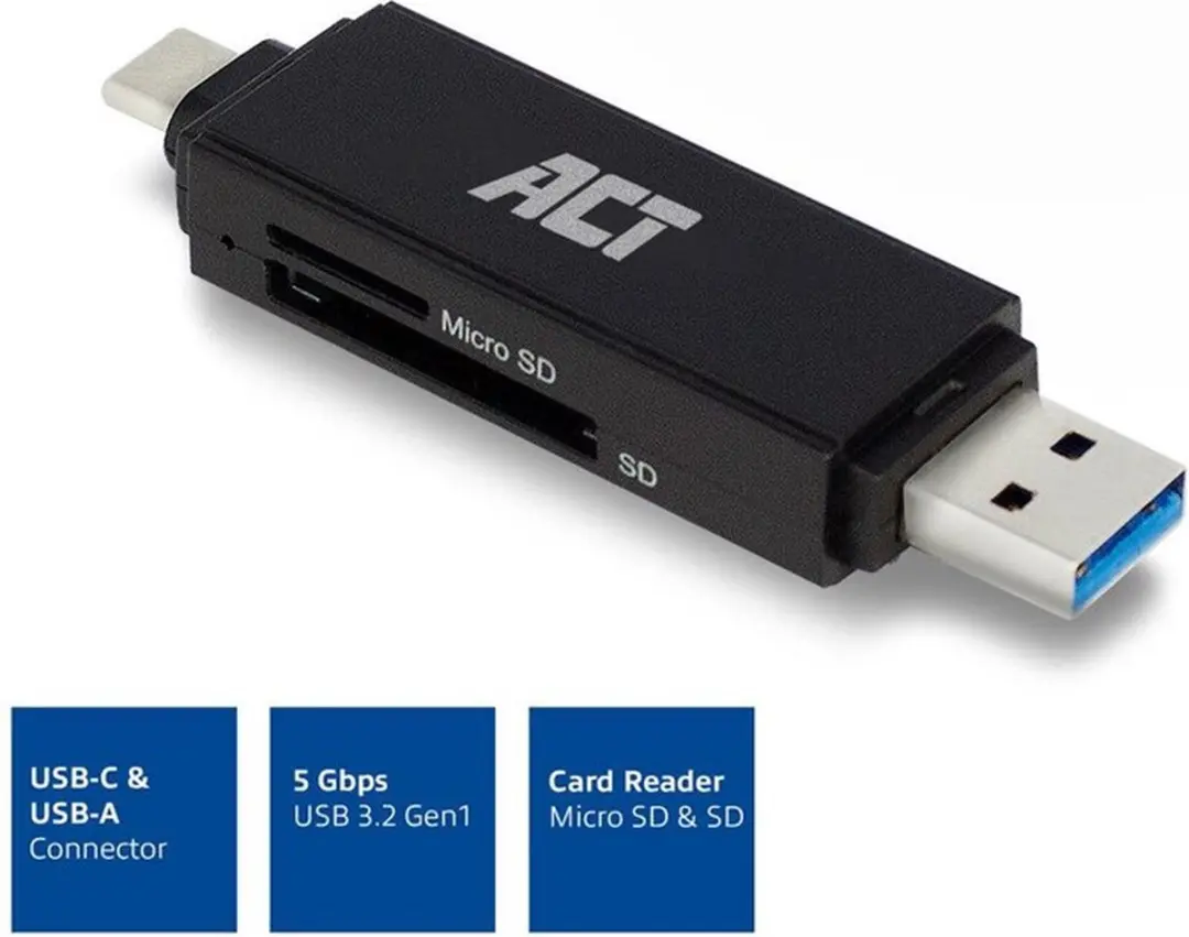 ACT AC6375 USB Cardreader - 2 Kaartsleuven - USB-C/USB-A - USB 3.0 - Zwart