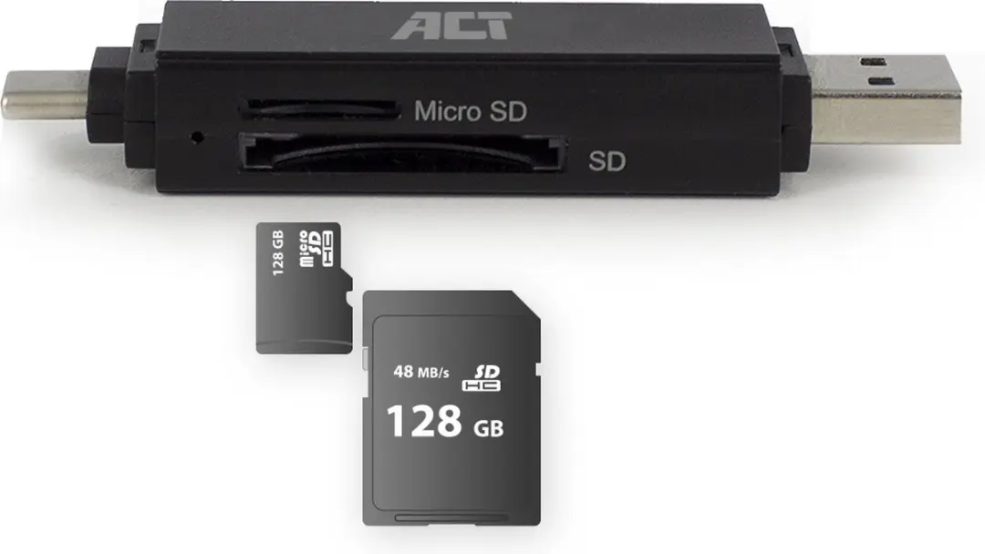 ACT AC6375 USB Cardreader - 2 Kaartsleuven - USB-C/USB-A - USB 3.0 - Zwart