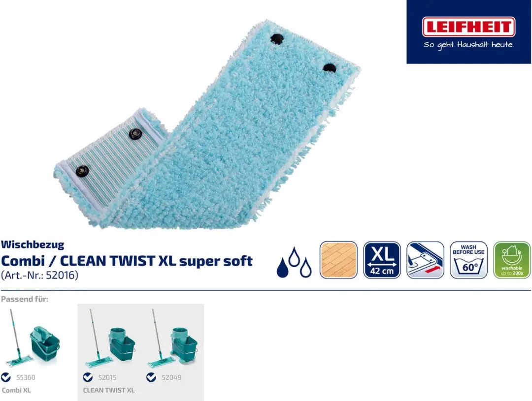 Leifheit Clean Twist XL Vloerwisserdoek 42cm - 2 Stuks - Super Soft - Wit/Turkoois