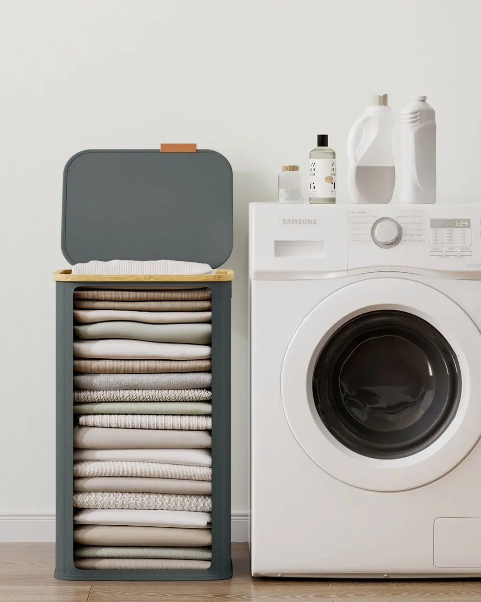 Songmics LCB518GN01 Wasmand 100L - Opvouwbaar Bamboe Frame - 2 Vakken - afbeelding 6 van 6