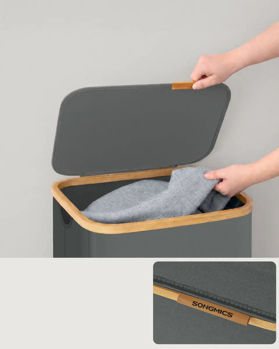 Songmics LCB518GN01 Wasmand 100L - Opvouwbaar Bamboe Frame - 2 Vakken