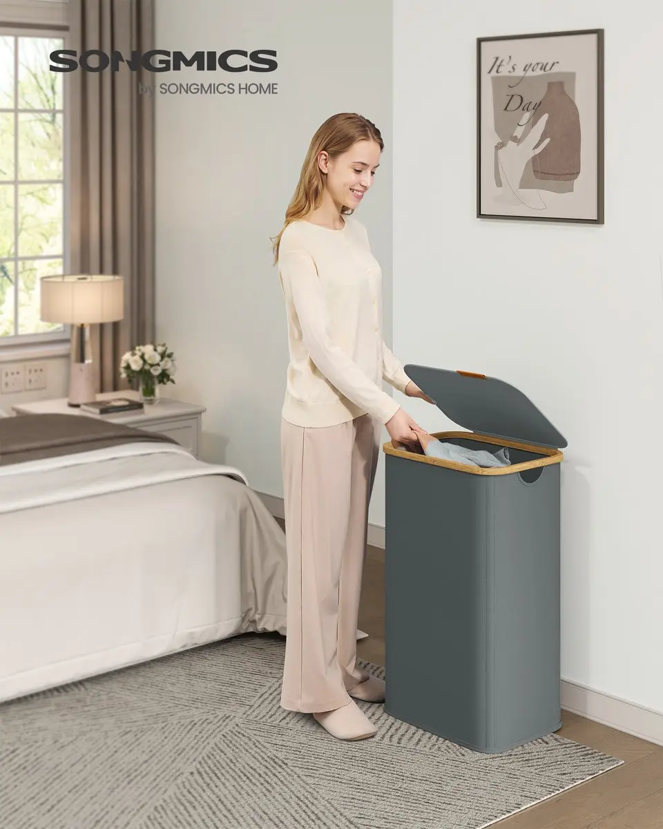 Songmics LCB518GN01 Wasmand 100L - Opvouwbaar Bamboe Frame - 2 Vakken
