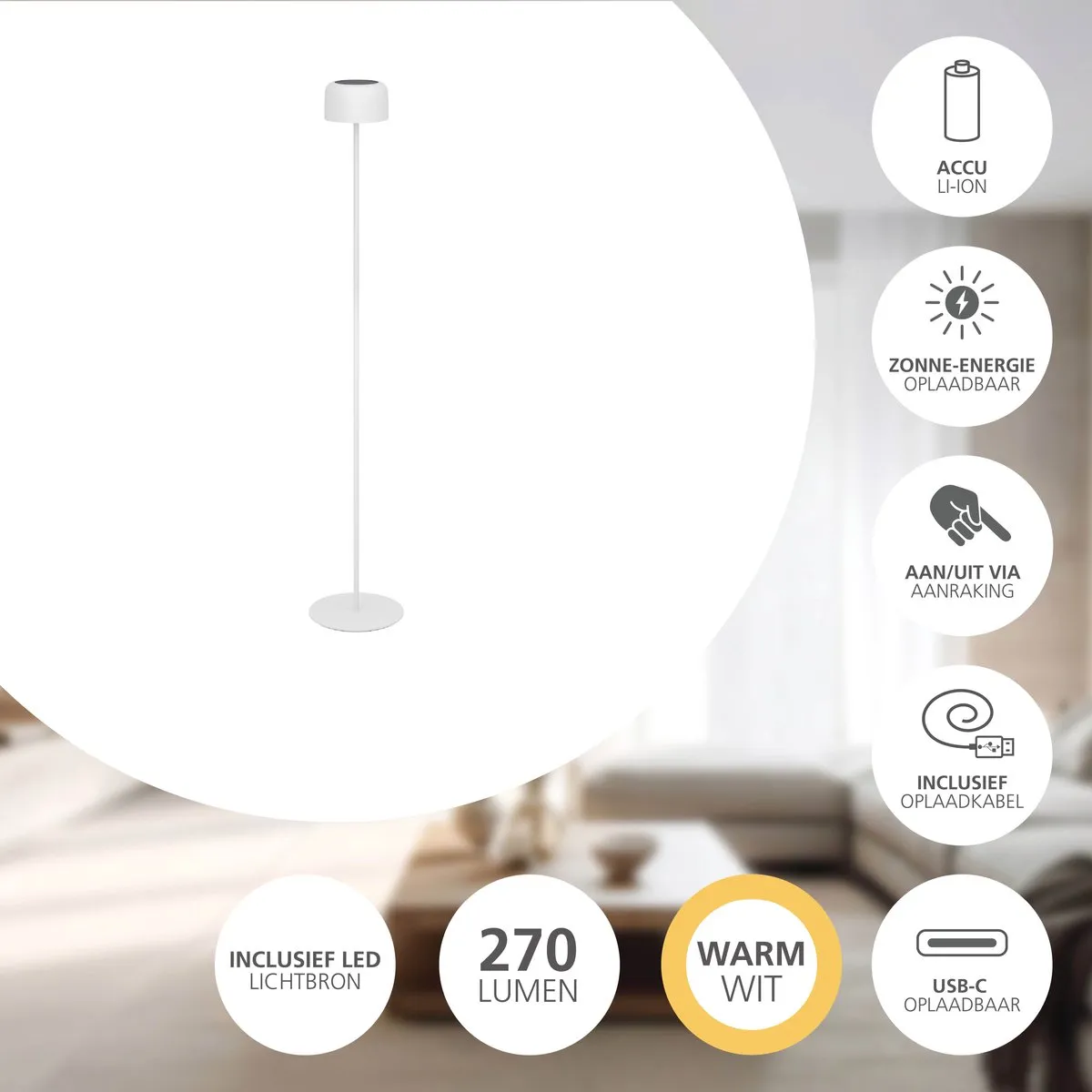 Eglo Roccanova-L Staande Lamp Solar - 120cm Wit - afbeelding 6 van 6