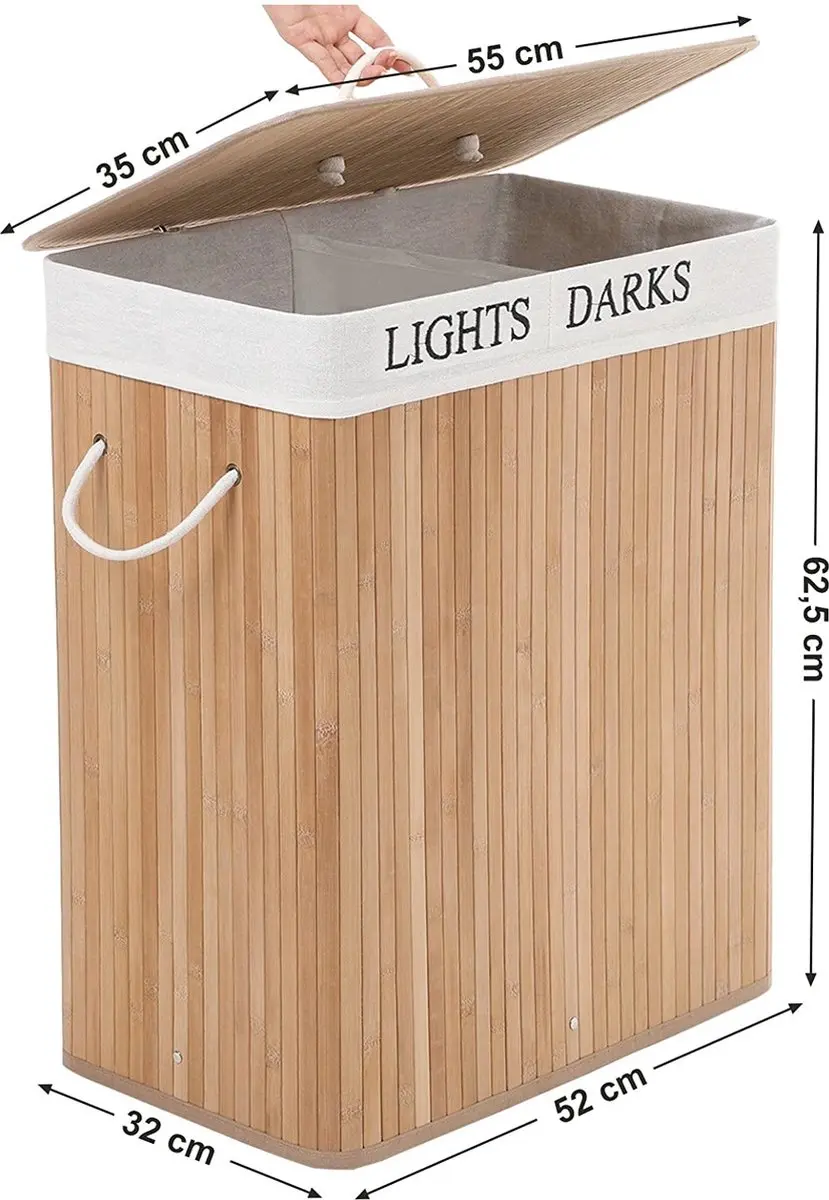 Songmics Wasmand Bamboe 100L - 2 Compartimenten - Natuur