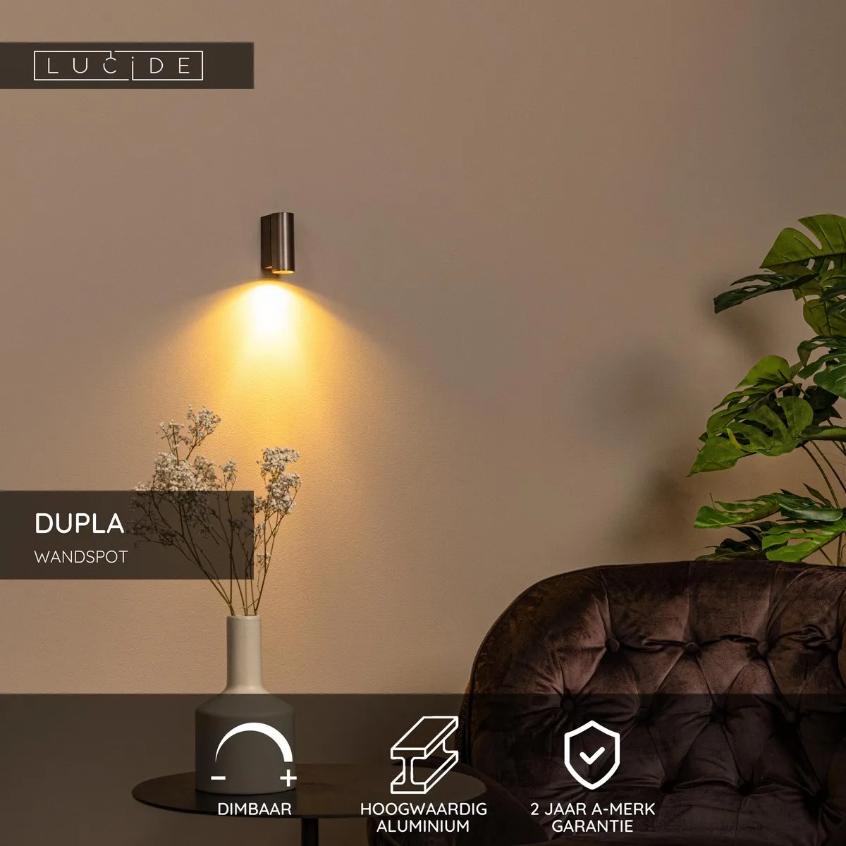 Lucide Dupla Wandspot GU10 3.8W - Koffie