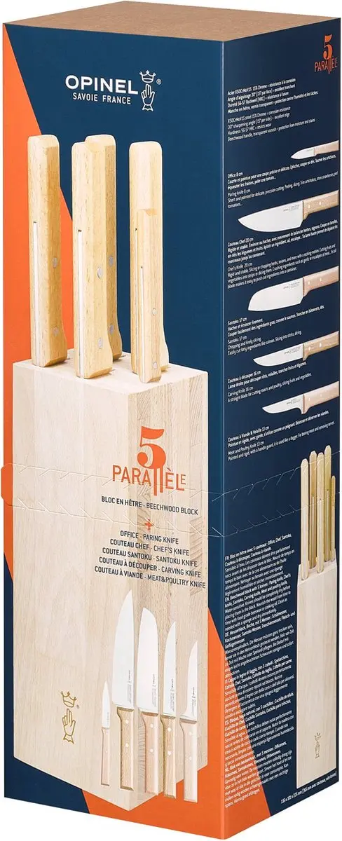 Opinel Parallèle Meat Messenblok 5-delig - Beukenhout - afbeelding 6 van 6