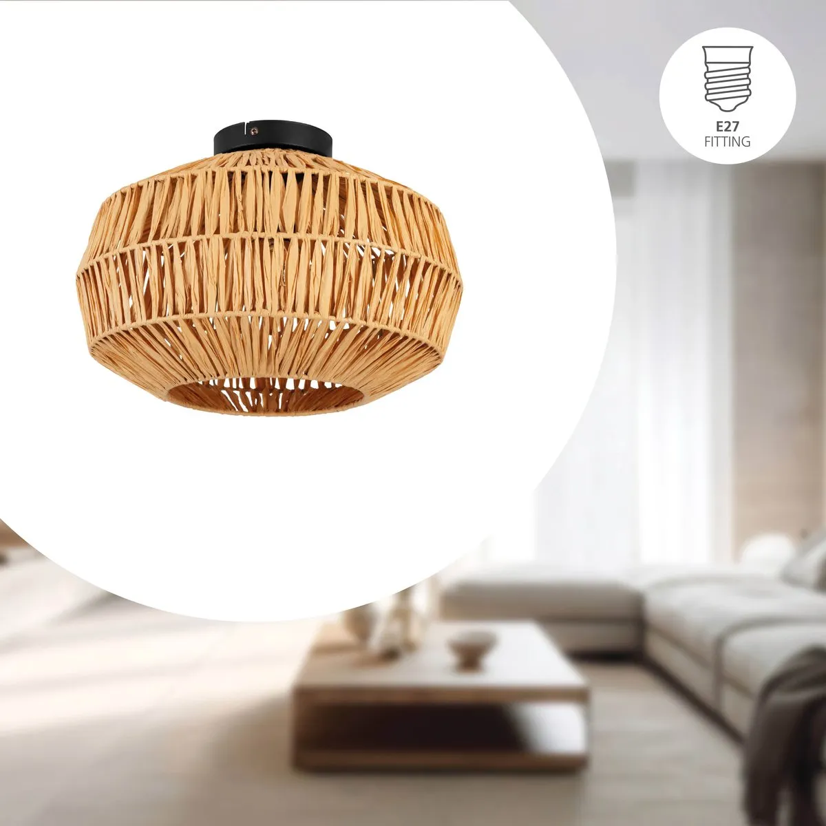 Eglo Sheldon Plafondlamp E27 - Ø38cm - Zwart/Natuurlijk