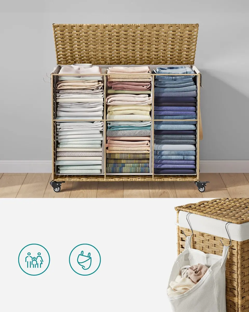 Songmics Wasmand met Deksel 150L - 3 Compartimenten - Met Wielen