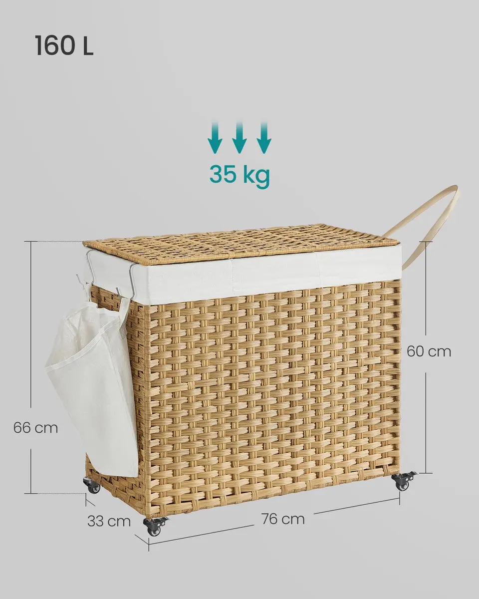 Songmics Wasmand met Deksel 150L - 3 Compartimenten - Met Wielen