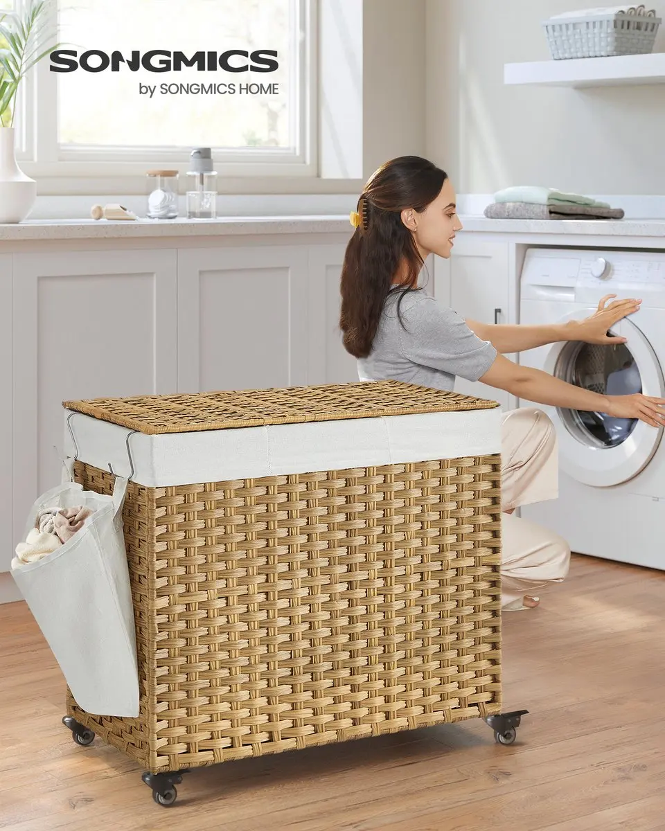 Songmics Wasmand met Deksel 150L - 3 Compartimenten - Met Wielen