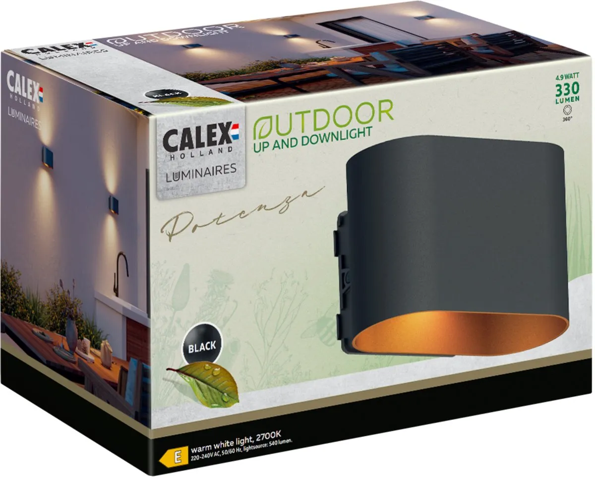 Calex Potenza Wandlamp Up & Down 4.5W Warm Wit - Zwart
