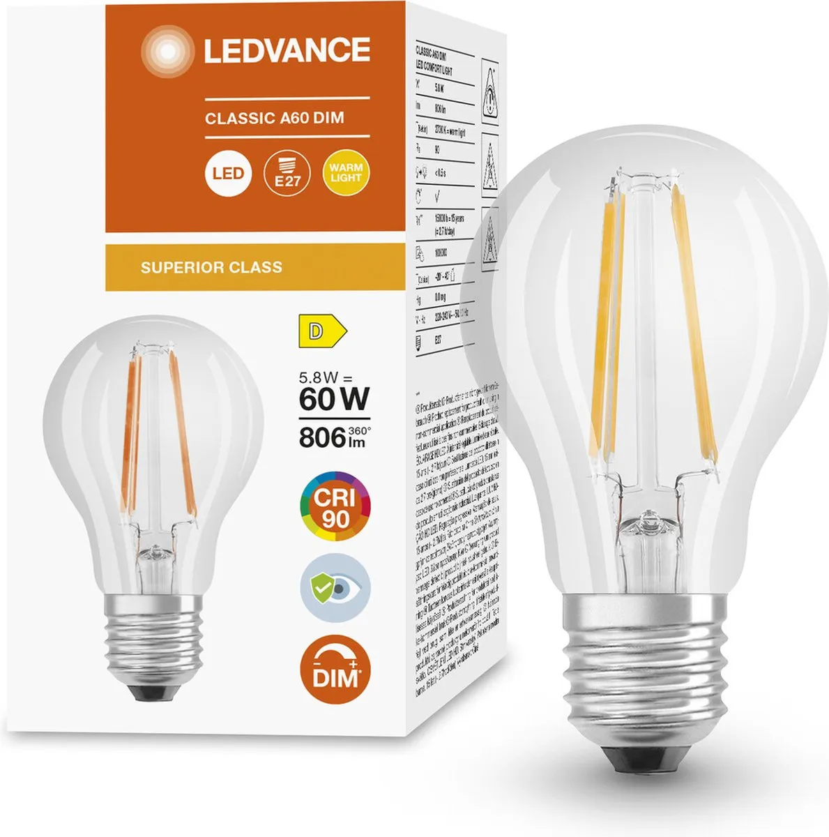 LEDVANCE Superior Classic E27 Peer Filament 5.8W 806lm - Zeer Warm Wit