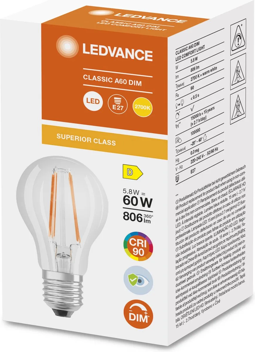 LEDVANCE Superior Classic E27 Peer Filament 5.8W 806lm - Zeer Warm Wit