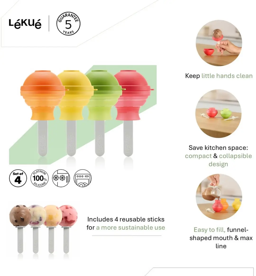 Lékué IJslollyvormen Lollipop - 4 Stuks - Mixed