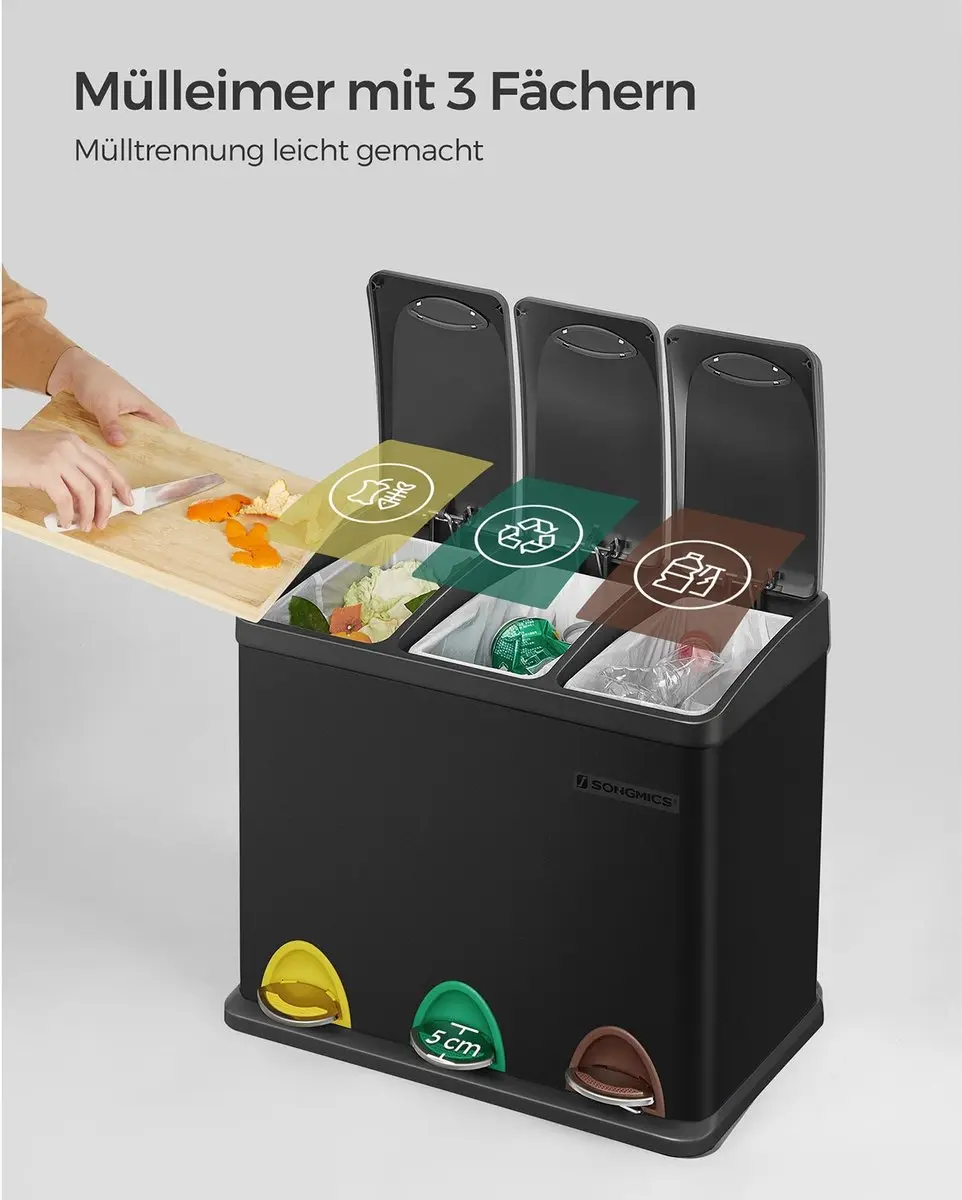 Songmics Keukenafvalbak Pedaal 3 Compartimenten 24L - Zwart