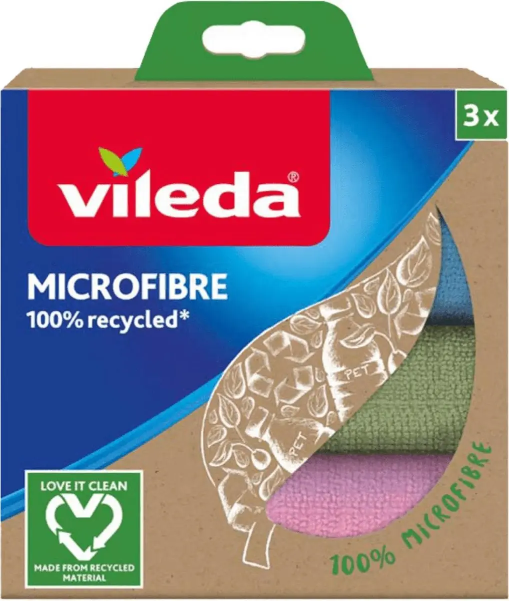 Vileda Microfibra Gerecycleerde Schoonmaakdoeken - 3 Stuks - Roze/Blauw/ Groen