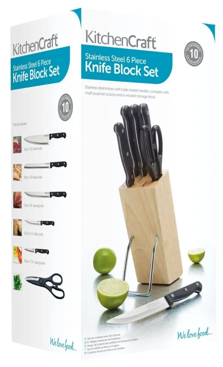 KitchenCraft Messenset 6-delig Houten Messenblok - 7 Stuks