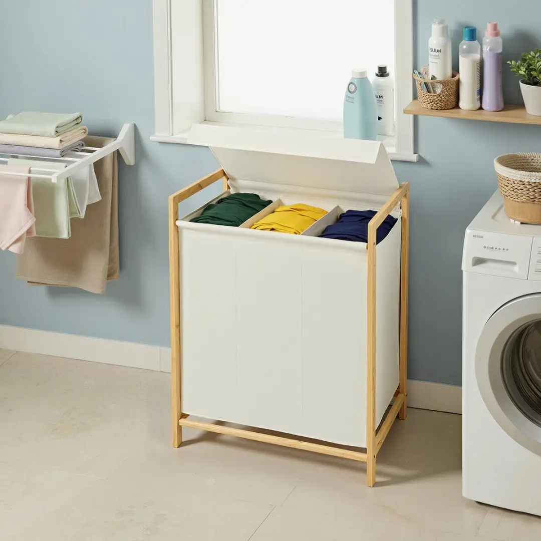 Songmics Wasmand RLH103WD01 - 3 Vakken 150L - Bamboe Frame