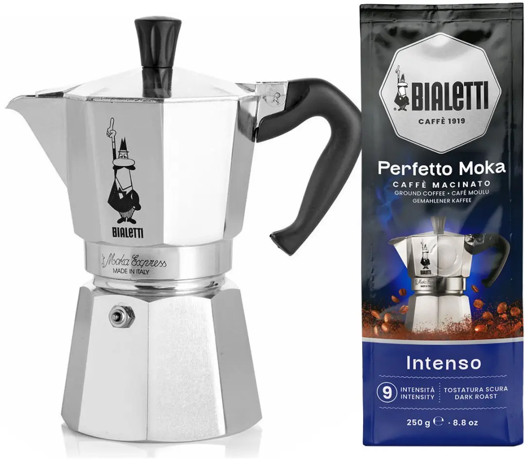 Bialetti Moka Express 4 Koppen + Intenso Koffie 250g