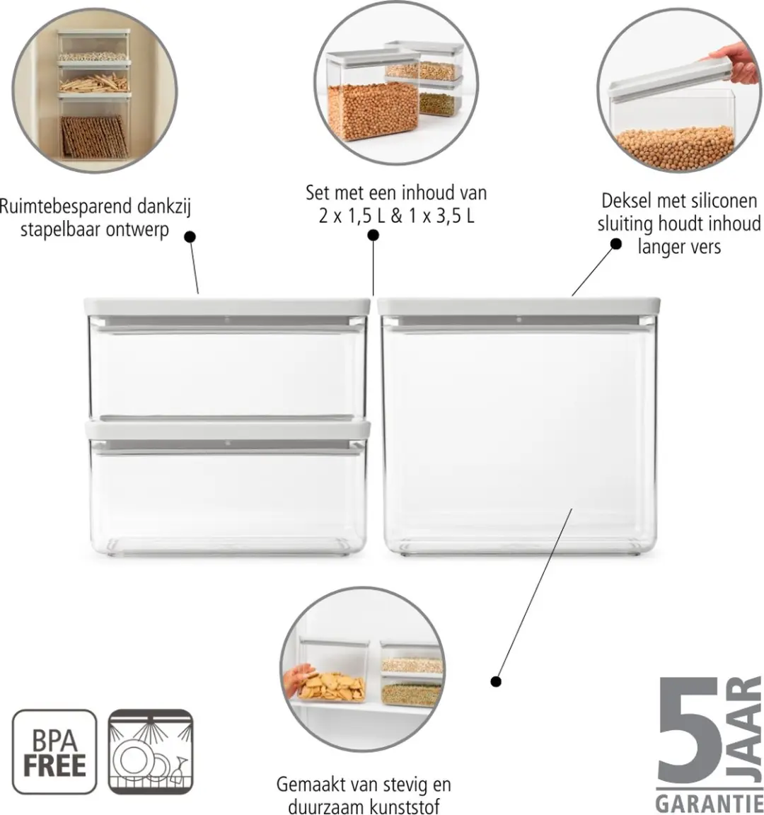 Brabantia Tasty+ Voorraadbussen 6,5L - 6 Stuks - Light Grey