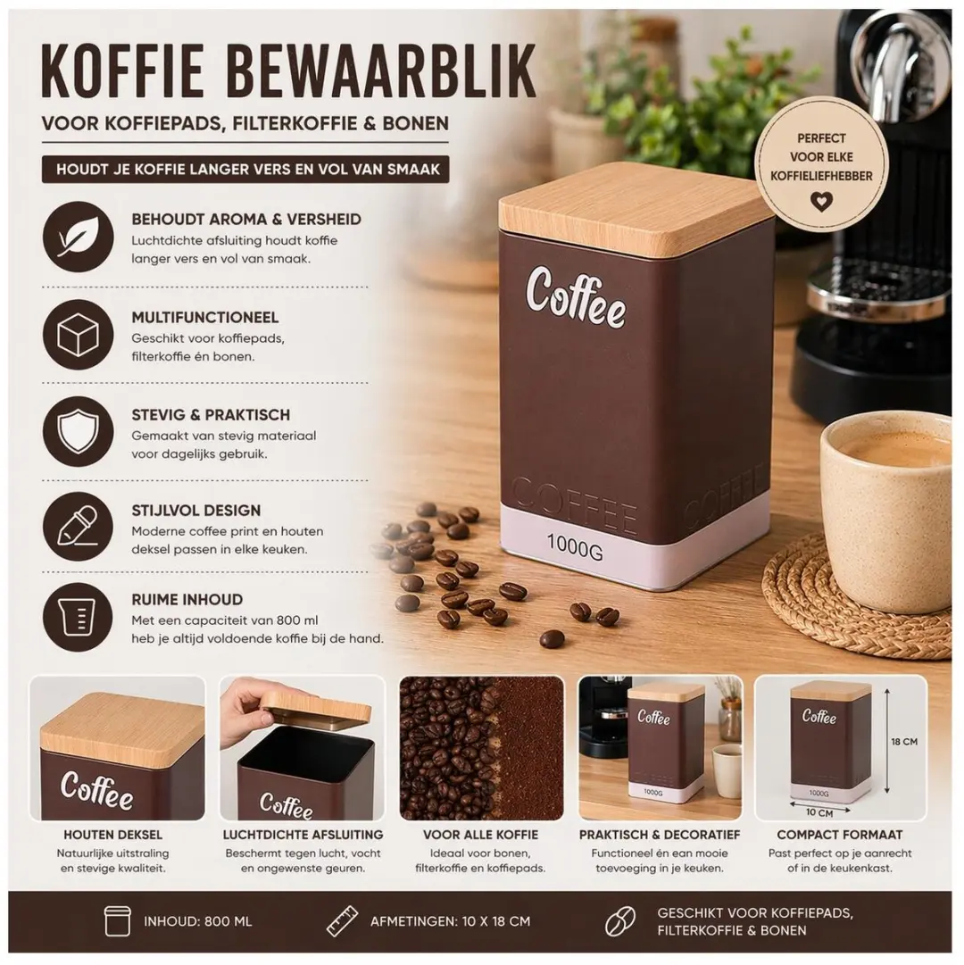 Excellent Houseware Koffie Bewaarblik 1L - 4 Stuks - Bruin