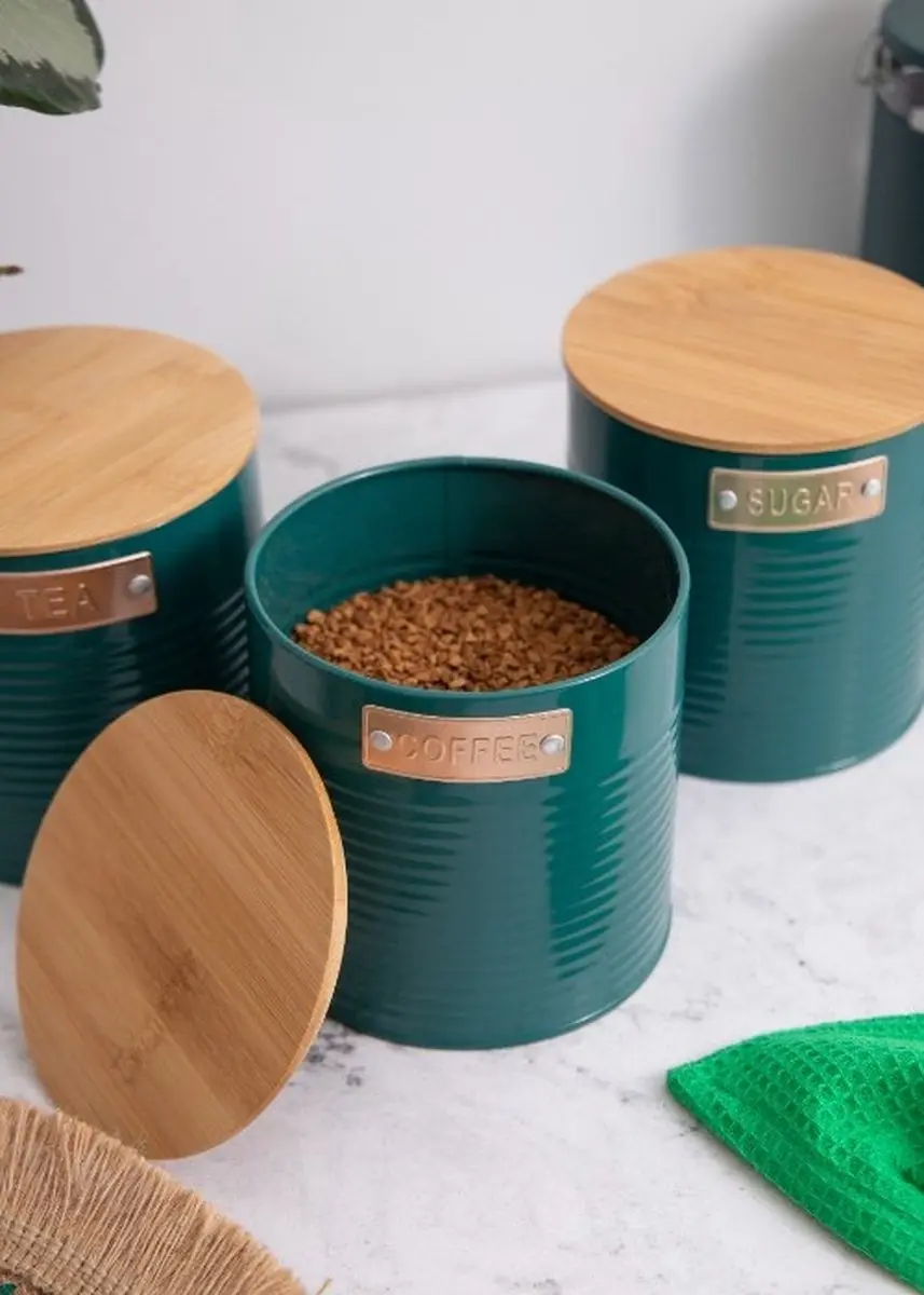 KitchenCraft 3-delige Voorraadbussen 1L - Bamaboo Deksel - Blauw
