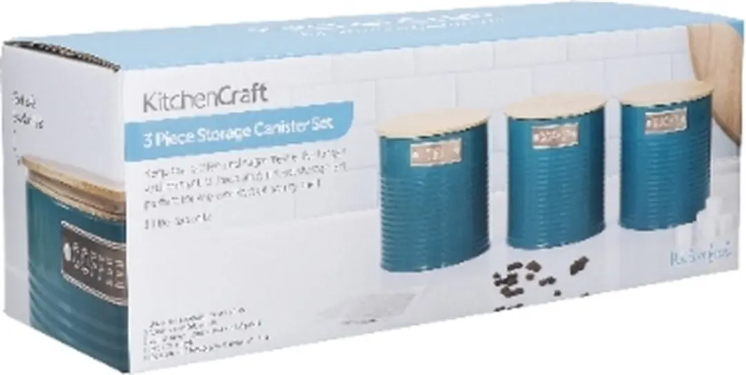 KitchenCraft 3-delige Voorraadbussen 1L - Bamaboo Deksel - Blauw