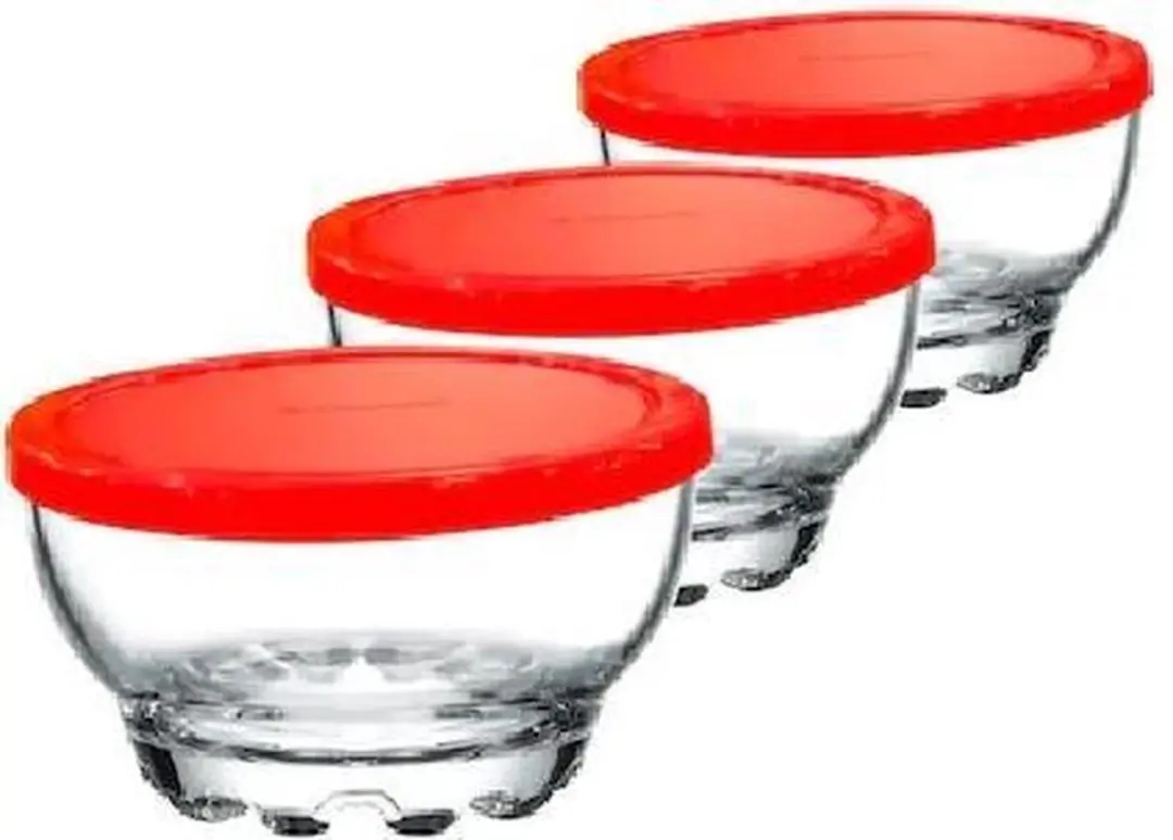 Pasabahce Glazen Kommetjes 105mm - 3 Stuks - Rood Deksel