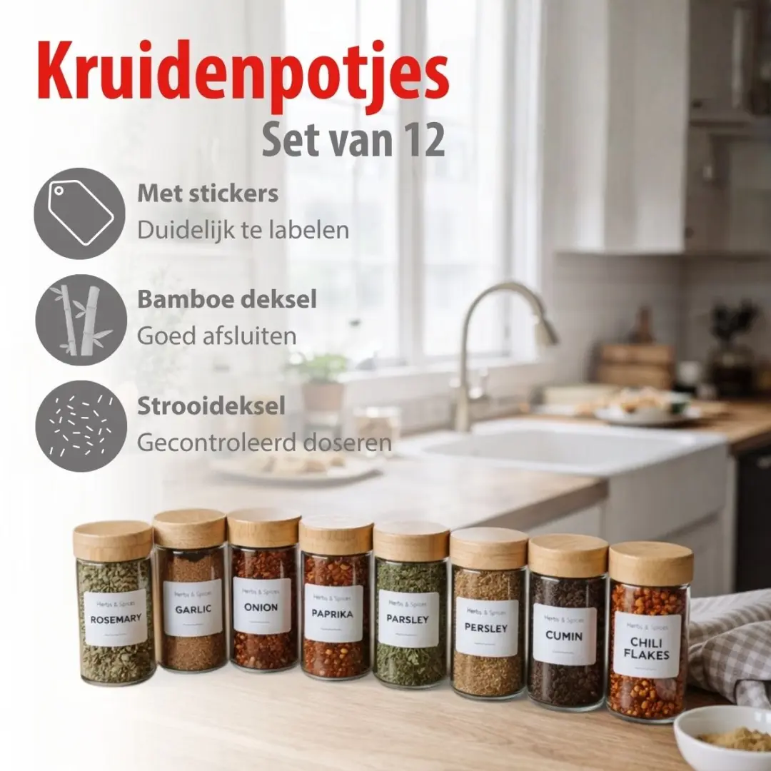 Alpina Kruidenpotjes Set 12 Stuks - 10ml - Glazen Potjes met Strooideksels - afbeelding 6 van 6