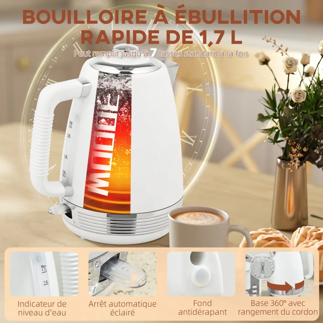 ECTEATOY Waterkoker & Broodrooster Set 2200W - 1.7L - 4 Sneden - 7 Bruiningsniveaus - afbeelding 6 van 6