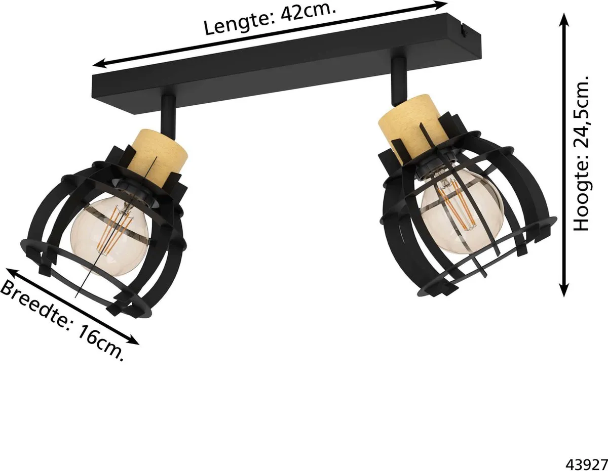 Eglo Stillington 1 Spot E27 - 42cm - Hout/Staal - 2 Lichtpunten - afbeelding 6 van 6