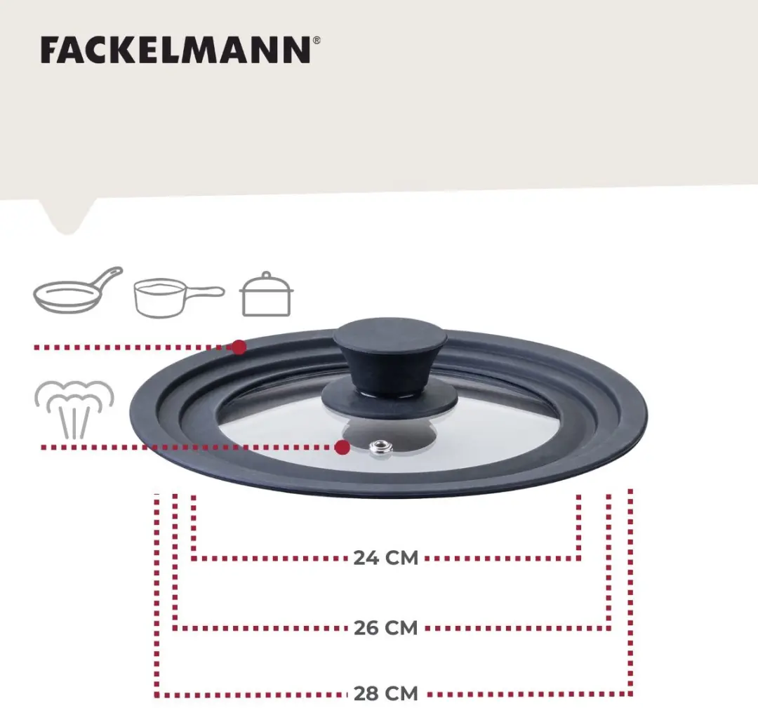 Fackelmann Kookdeksel Glas/Siliconen 24-28cm - 688656 - Transparant/Zwart