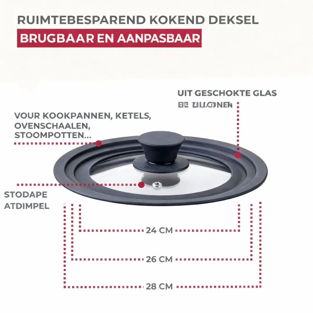 Fackelmann Kookdeksel Glas/Siliconen 24-28cm - 688656 - Transparant/Zwart
