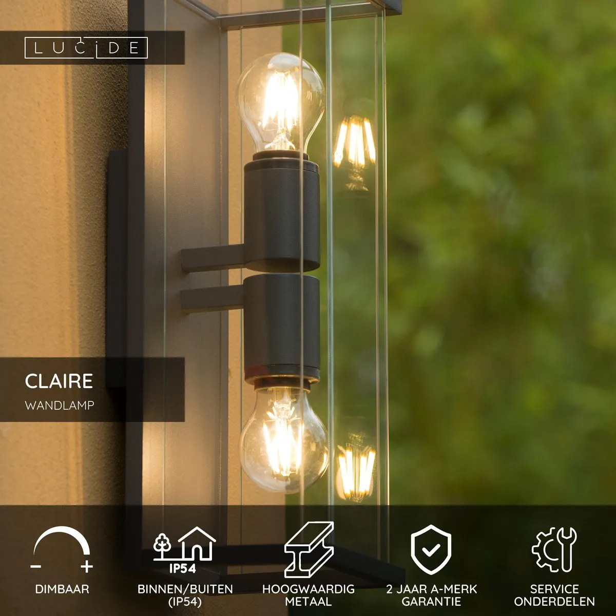 Lucide Claire Wandlamp 2xE27 IP54 - Antraciet