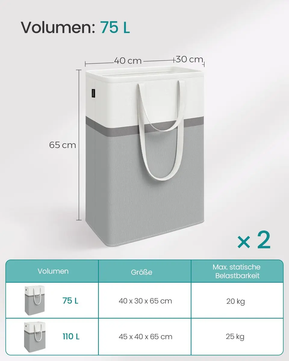 Songmics Wasmandset 2x75L Opvouwbaar - Duifgrijs/Wit - afbeelding 6 van 6